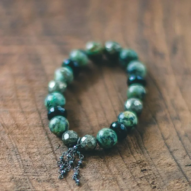 eco-friendly leather bracelet-The Courage to Never Give Up : African Turquoise, Onyx, Pyrite, Opal Stacking Zen Bracelet