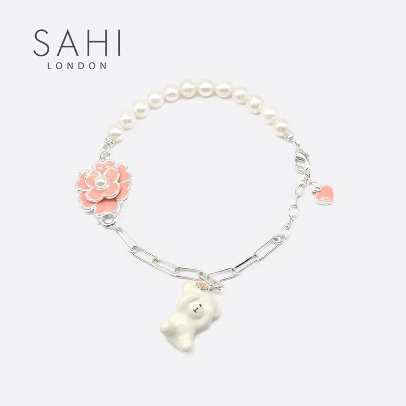 adjustable cuff bracelet for women-Sahi Enameled Pearl Bear Chain Bracelet