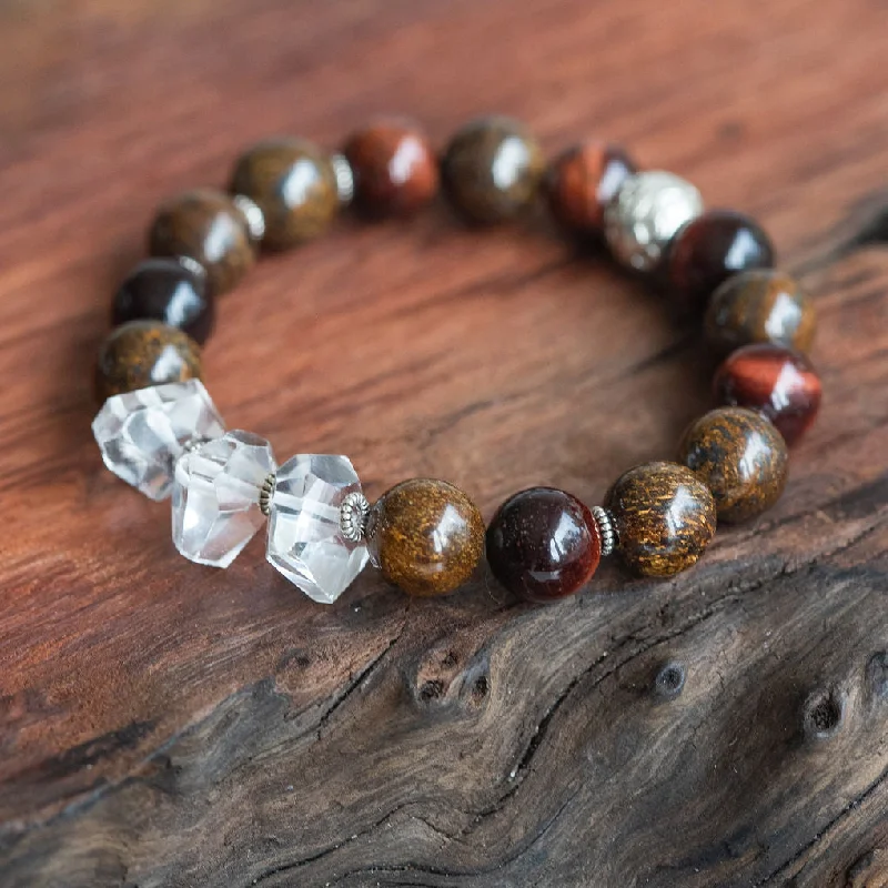 blue bead bracelet-Crystal Energy & Spiritual Power Bracelet with Quartz, Bronzite & Red Tiger Eye