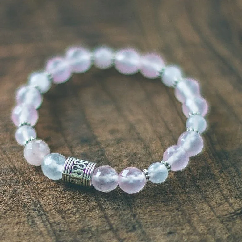 personalized charm bracelet with stones-Essence of Love: Rose Quartz Bracelet with Silver Beads