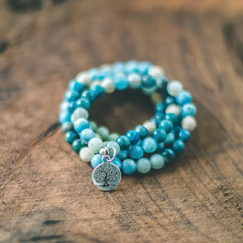 unique silver cuff bracelet-Flow with Life: Larimar, Blue Apatite and Riverstone Mala Style Wrap Bracelet