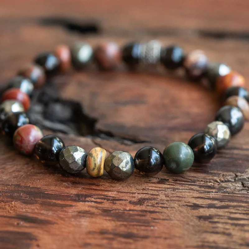 men's rope bead bracelet-Harmony and Vitality:Unisex Boho Bracelet : Red Creek Jasper, Pyrite, Smoky Quartz, Sugilite