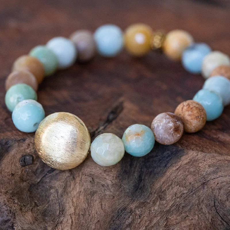 vintage beaded cuff bracelet-I'm a Peacemaker: Amazonite, Opalite and Brushed Gold Bead Stack Bracelet