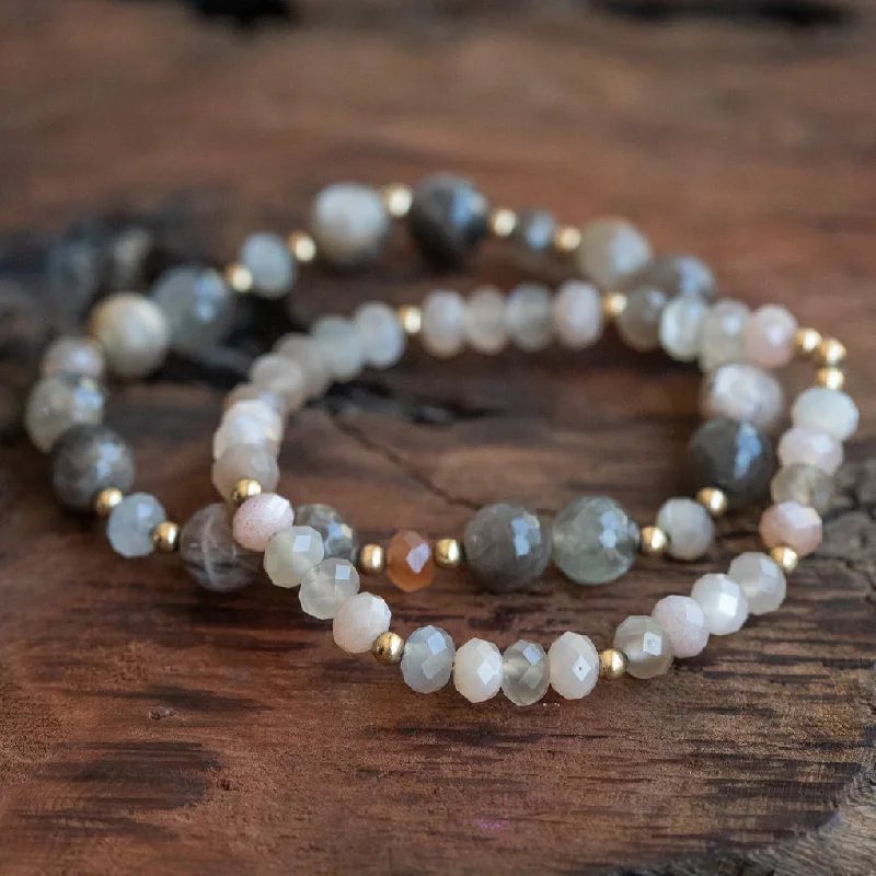 trendy gold bracelet for women-Inner Peace, Joy and Self Love: Peach and Rainbow Moonstone, Sunstone Bracelet Set