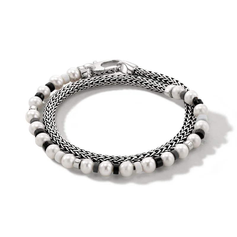 thin bangle bracelet for women-John Hardy Colorblock Silver Pearl Chain Double Wrap Bracelet