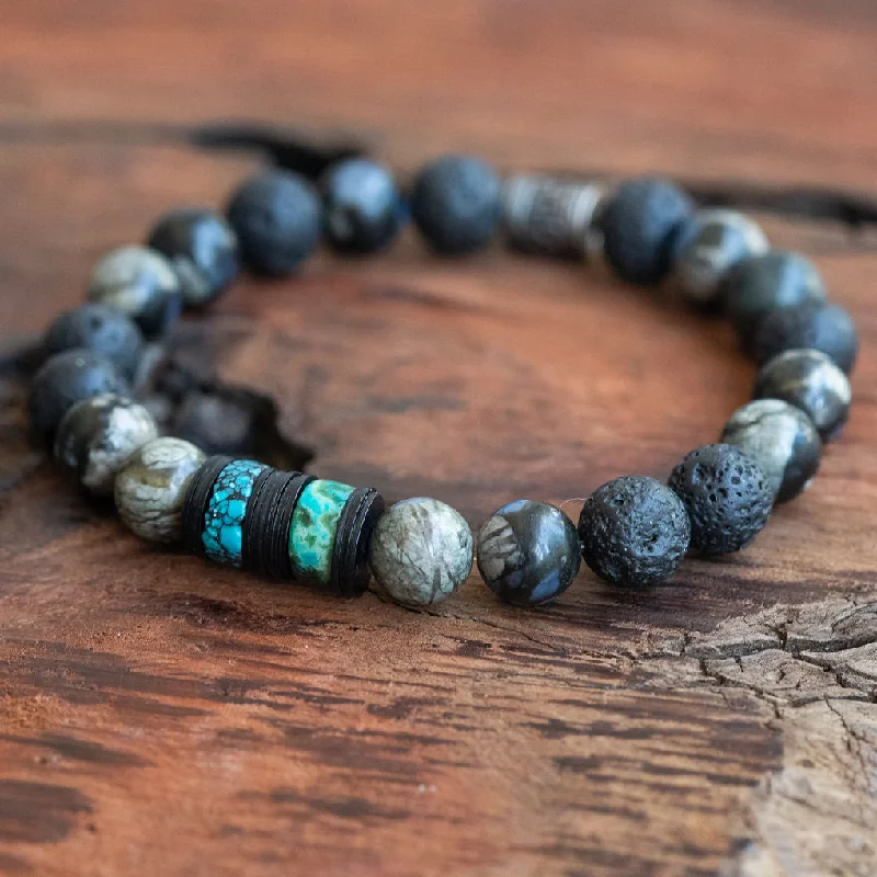 engraved friendship charm bracelet-Just Be You: Mens African Grey Opal, Pyrite, Turquoise, Lava Rock Stacking Style Bracelet