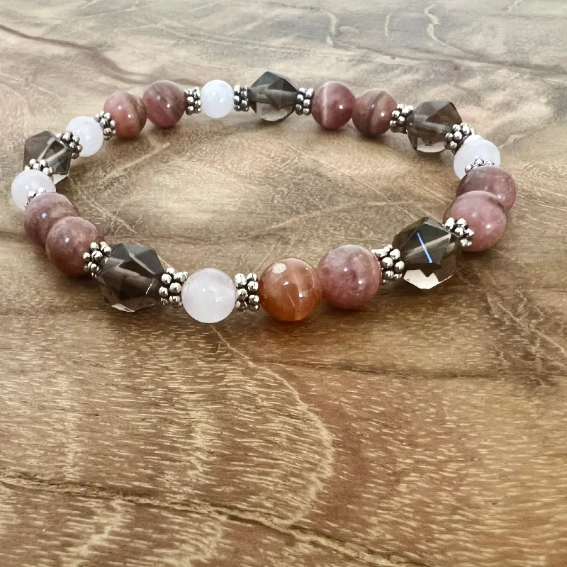 adjustable multi-strand bracelet-Love is All Around You: Rhodochrosite, Rose Quartz, Smoky Quartz, Silver Beaded Bracelet