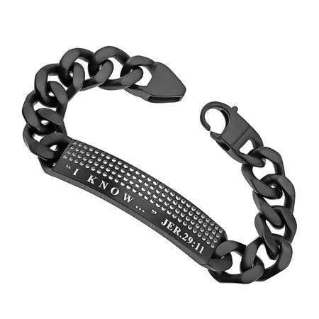 silver braided bracelet for men-Men's Stainless Steel Black Sport Bracelet I Know - Jeremiah 29:11