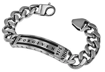 adjustable leather and bead bracelet-Men's Stainless Steel Cable Bracelet Forgiven - John 3:16