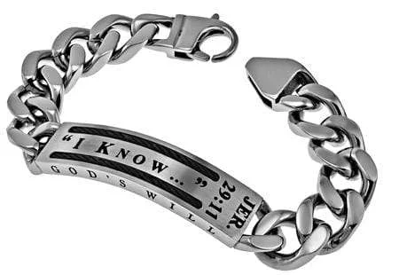 men's sterling silver link bracelet-Men's Stainless Steel Cable Bracelet - I Know Jeremiah 29:11