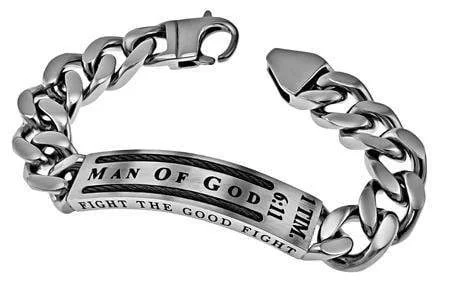 adjustable bangle bracelet for men-Men's Stainless Steel Cable Bracelet Man Of God - 1 Tim 6:11