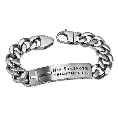 silver adjustable charm bracelet-Men's Stainless Steel Cross Bracelet His Strength - Phil. 4:13