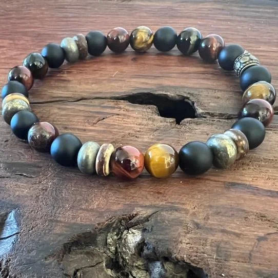 personalized leather band bracelet-Empowerment: Men's Boho Bracelet with Tiger Eye, Pyrite, Buri Wood and Onyx