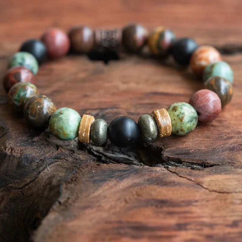 luxury custom bracelet for men-Mind, Body, Soul Unisex Bracelet : Red Creek Jasper, Pyrite, Buri Wood, African Turquoise, Blackstone