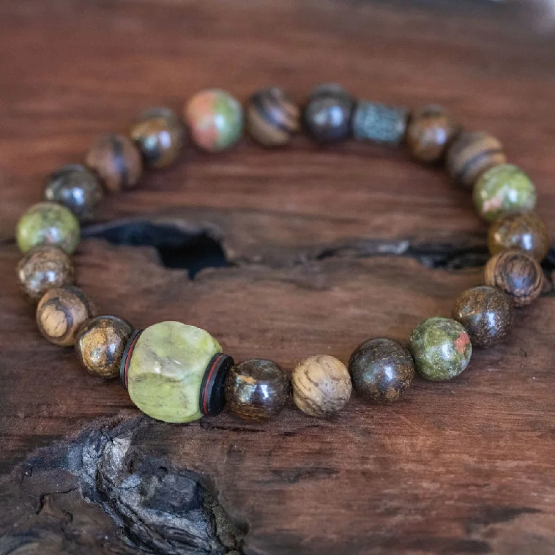 rope beaded bracelet for women-Nature's Harmony: Men's Boho Style Bracelet with Green Turquoise, Bronzite, Unakite and Wood