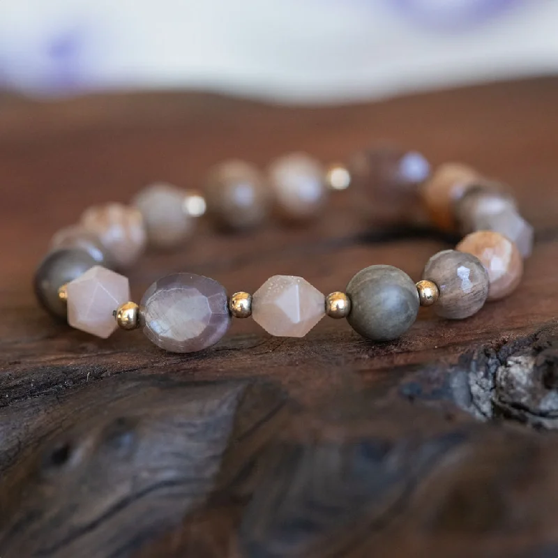 handmade adjustable bracelet-Nourishing the Soul : Peach and Grey Moonstone, Petrified Opalite Wood Bracelet