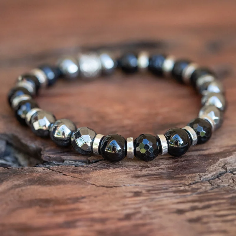 cuff bracelet with crystals-Power Protector: Life Force Hematite and Black Onyx Bracelet with Silver Accents