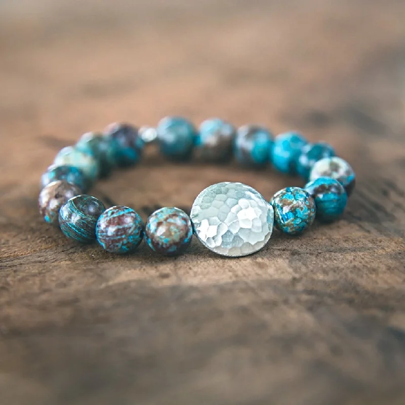 silver bangle with charms-Prosperity: Blue Lace Agate Hill Tribe Silver Bracelet