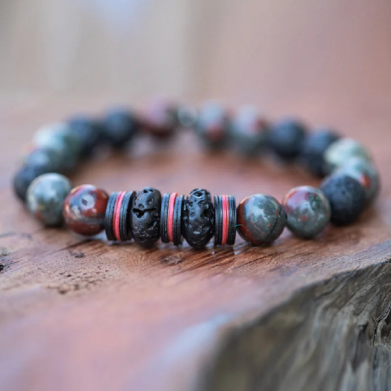 gold plated adjustable bracelet-The Fire Within: Bloodstone and Black Lava Rock Men's Beaded Stacking Bracelet