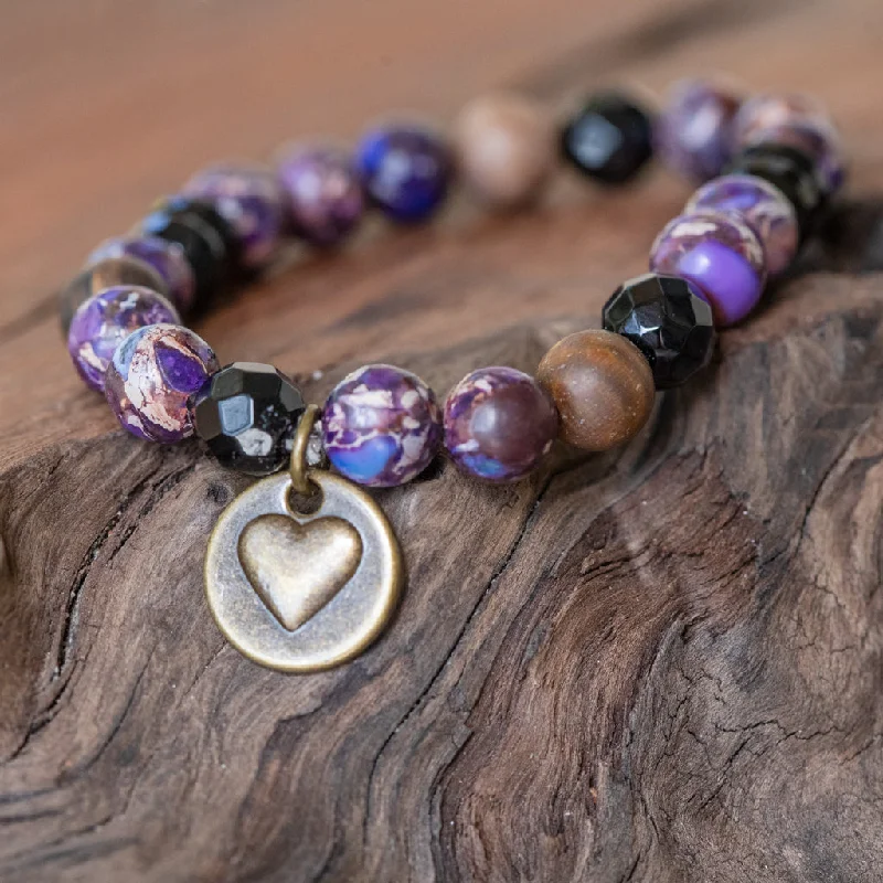 stackable silver bracelets-Unity and Empowerment: Purple Imperial Jasper, Onyx, Opalite Bracelet