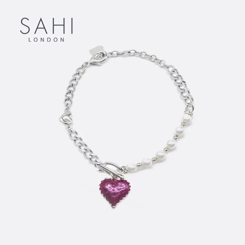 women’s chunky bracelet with stones-Sahi Heart Enameled Pearl Chain & Link Bracelet