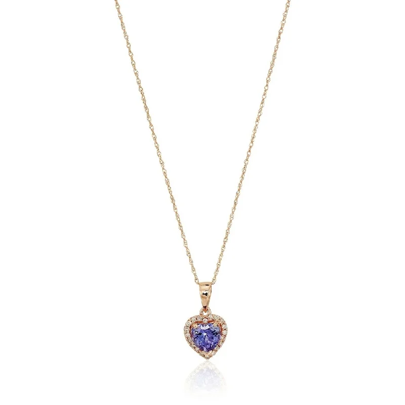 retro style pendant necklace-10k Rose Gold Tanzanite Heart and Diamond Pendant Necklace, 18"