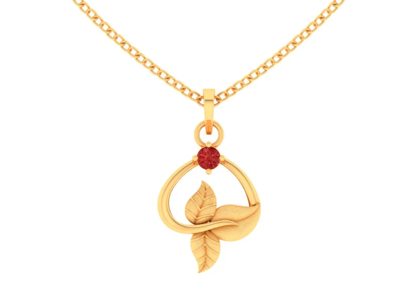 simple gold chain necklace-14k Beautiful Leafy Pendant With A Red Stone