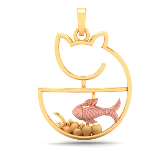 zodiac constellation necklace-14k Cat Shaped Fish Bowl Gold Pendant With A Touch Of Yellow Gold From Amazea Collection