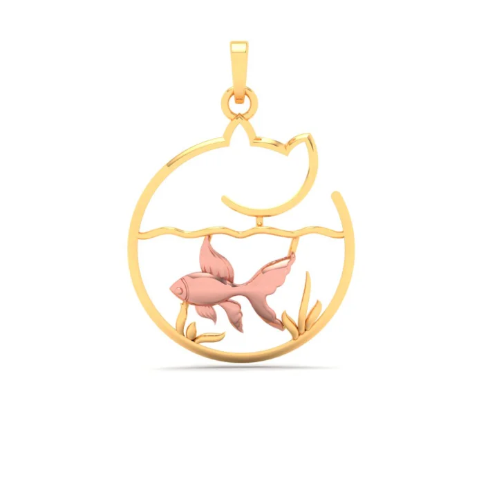 crystal teardrop pendant necklace-14k Fish Bowl Shape Gold Pendant With A Yellow Goldfish And A Cat