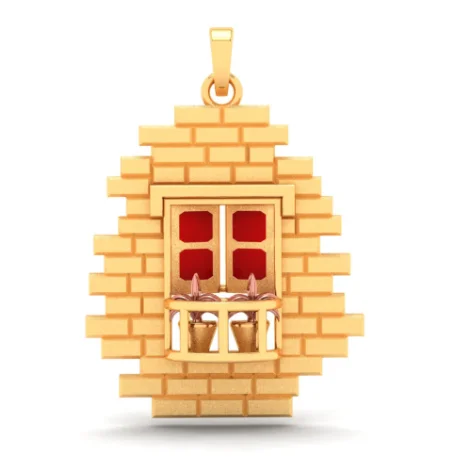 heart shaped pendant for men-14k Gold Pendant In The Shape Of A Brick Wall With A Window And Flower Pots From Amazea Collection