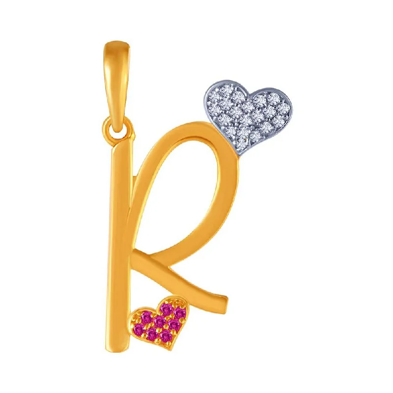 personalized family birthstone necklace-14k Gold  R Initials Pink And Yellow  Studded Pendant