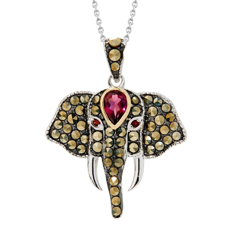 simple chain charm necklace-14K Gold & Steriling Silver with Rhodolite and Marcasite Pendant