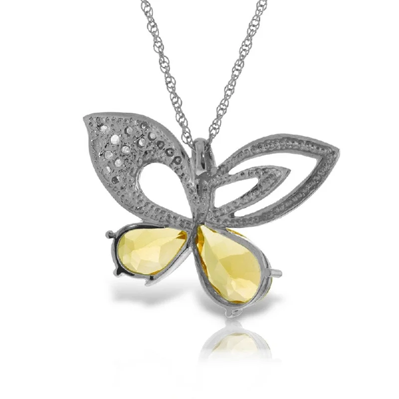 gold heart pendant necklace for girls-14K Solid White Gold Batterfly Necklace withNatural Diamonds & Citrines