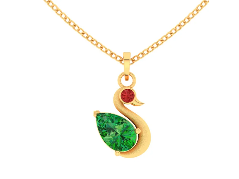 custom engraved gold pendant-14k Unique Duck Shaped Pendant Adorned With Green And Red Stone