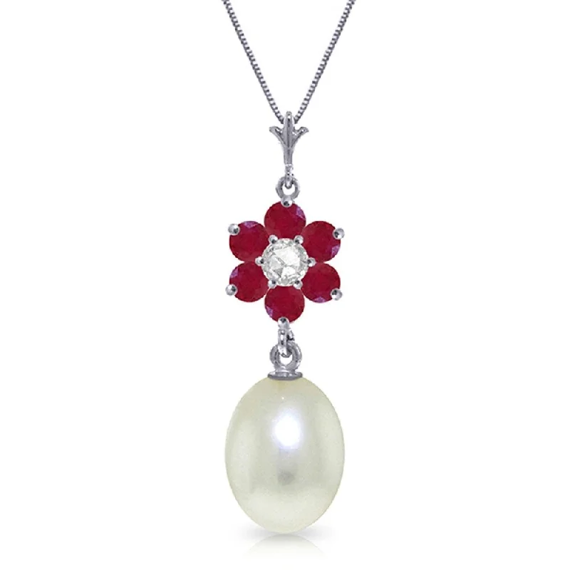 personalized women’s gold necklace-4.53 Carat 14K Solid White Gold Necklace Natural pearl, Ruby Diamond