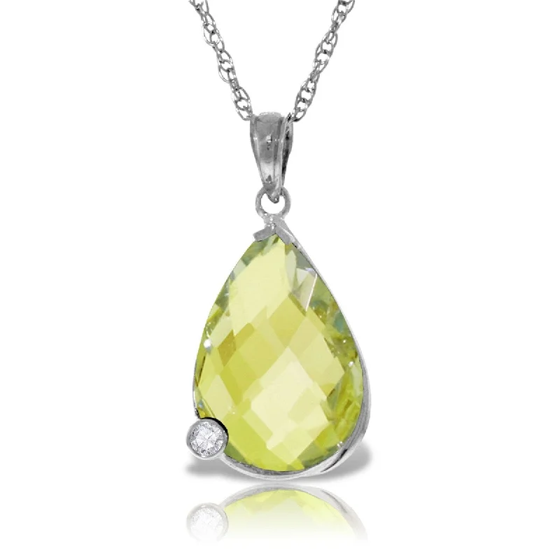 boho pendant chain necklace-5.04 Carat 14K Solid Gold Necklace w/ Briolette Lemon Quartz & Diamond