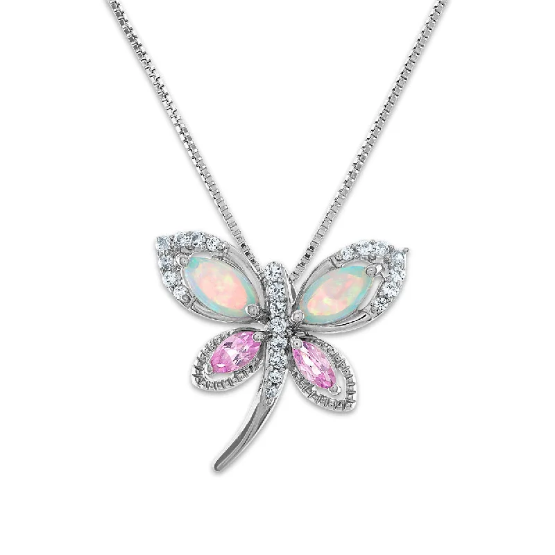 men’s engraved pendant chain necklace-6X3MM Marquise Opal and Pink Sapphire Butterfly 18-inch Pendant in Sterling Silver