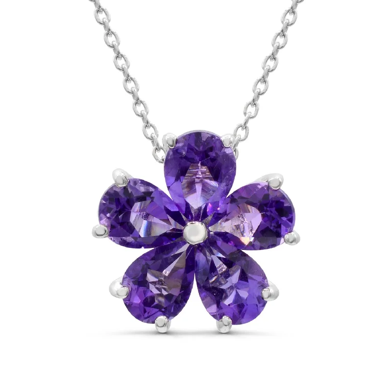 trendy boho necklace for women-7X5MM Pear Amethyst Flower 18-inch Pendant in Rhodium Plated Sterling Silver