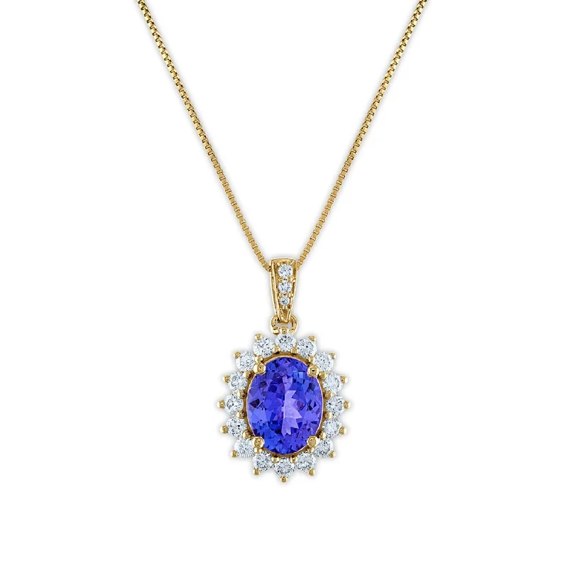 crystal teardrop pendant necklace-9X7MM Oval Tanzanite and Diamond Halo 18-inch Pendant in 10KT Yellow Gold