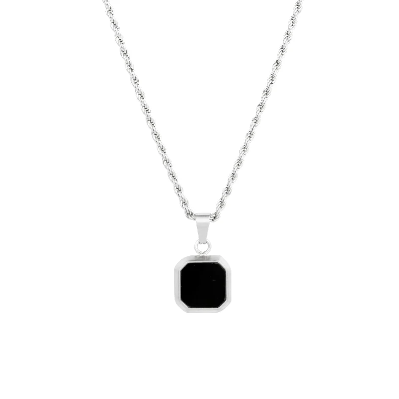 engraved gemstone necklace-Black & Silver Onyx Pendant