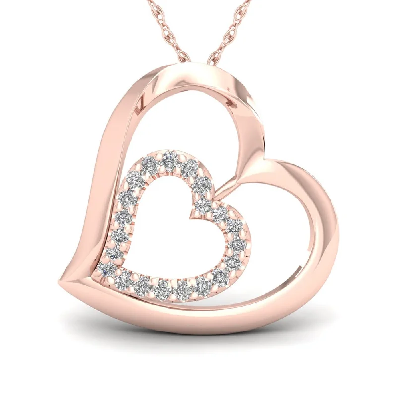 personalized family birthstone pendant-De Couer 10k Rose Gold 1/8ct TDW Diamond Tilted Double Heart Necklace - Pink