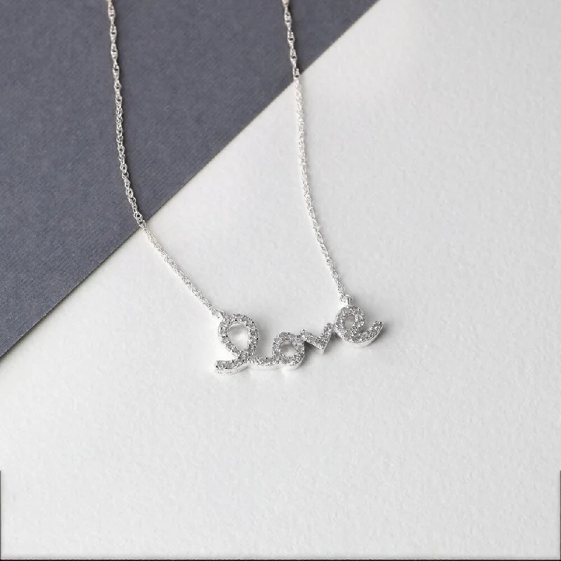 diamond pendant necklace for women-De Couer 10k White Gold 1/6ct TDW Diamond 'Love' Necklace - White H-I