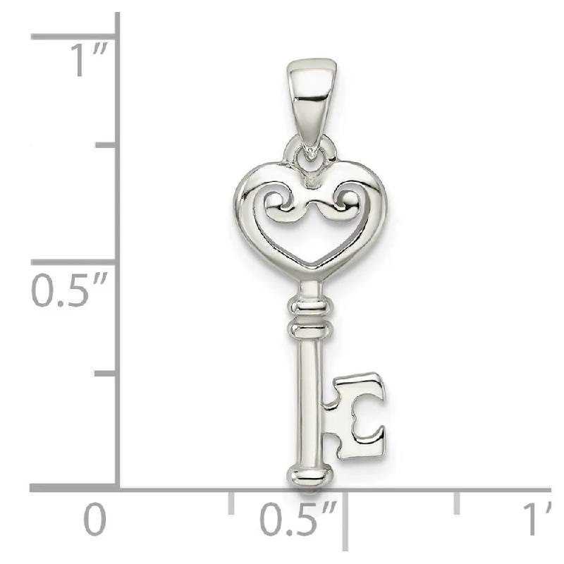 custom name pendant necklace-Diamond2Deal 925 Sterling Silver Polished Small Heart Key Pendant (L- 26.6 mm, W- 8.7 mm)