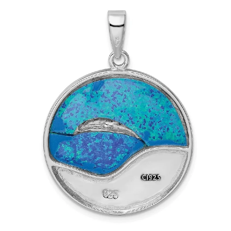 silver moon charm necklace-Diamond2Deal 925 Sterling Silver Rhod-plated Blue Created Opal Dolphins Pendant