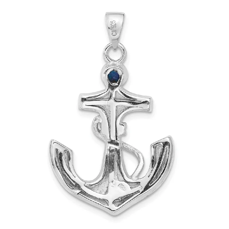 customized letter necklace-Diamond2Deal 925 Sterling Silver Rhodium Plated Blue Opal Cubic Zirconia Anchor Pendant (L- 37.7 mm, W- 23 mm)