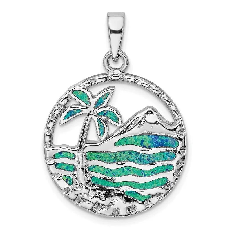 zodiac sign pendant necklace for men-Diamond2Deal 925 Sterling Silver Rhodium Plated Blue Opal Palm Tree Ocean Pendant (L- 33.9 mm, W- 24.2 mm)