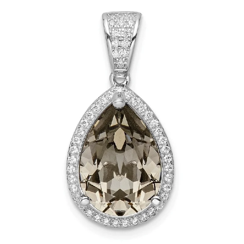 silver layered pendant necklace-Diamond2Deal 925 Sterling Silver Rhodium-plated Cubic Zirconia and Black Crystal Pendant (L-27mm, W-13.5mm)