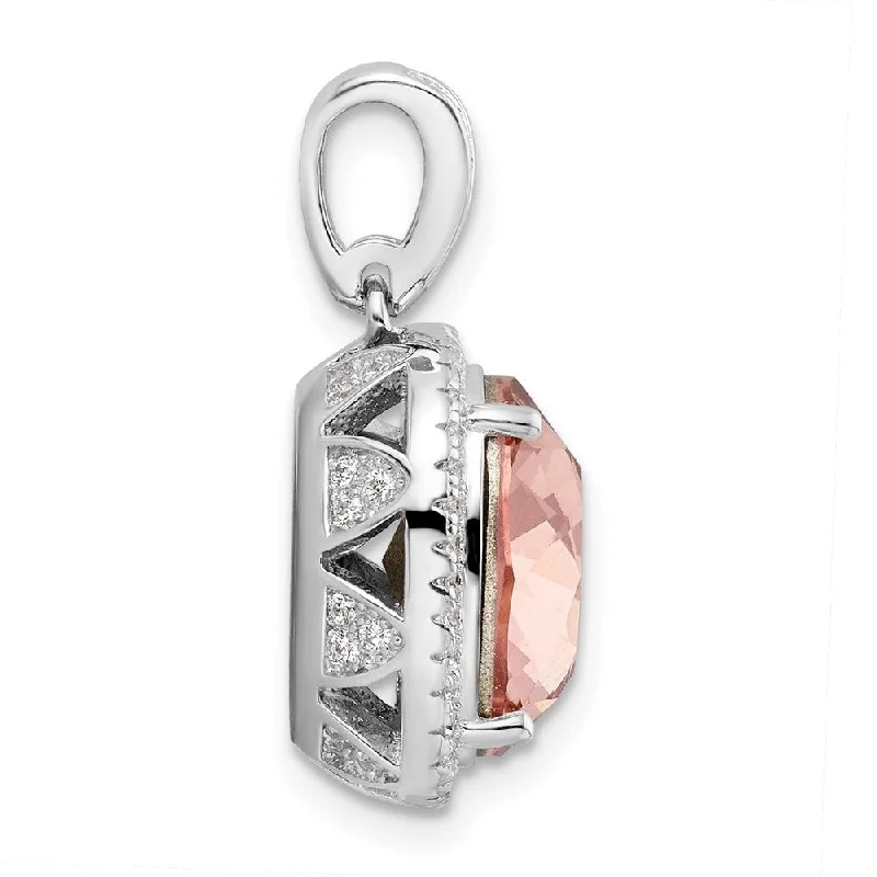 engraved charm necklace-Diamond2Deal 925 Sterling Silver Rhodium-plated Cubic Zirconia and Peach Crystal Pendant (L-22.4mm, W-15.4mm)