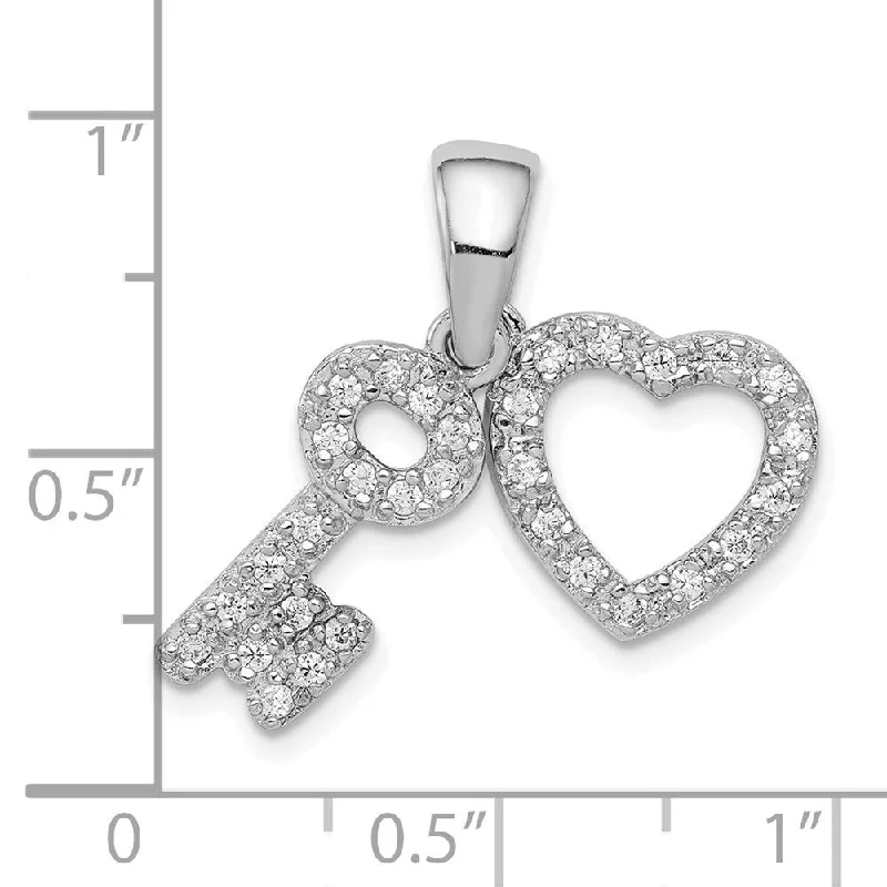 gold pendant with crystals-Diamond2Deal 925 Sterling Silver Rhodium-plated Cubic Zirconia Heart and Key Fancy Pendant