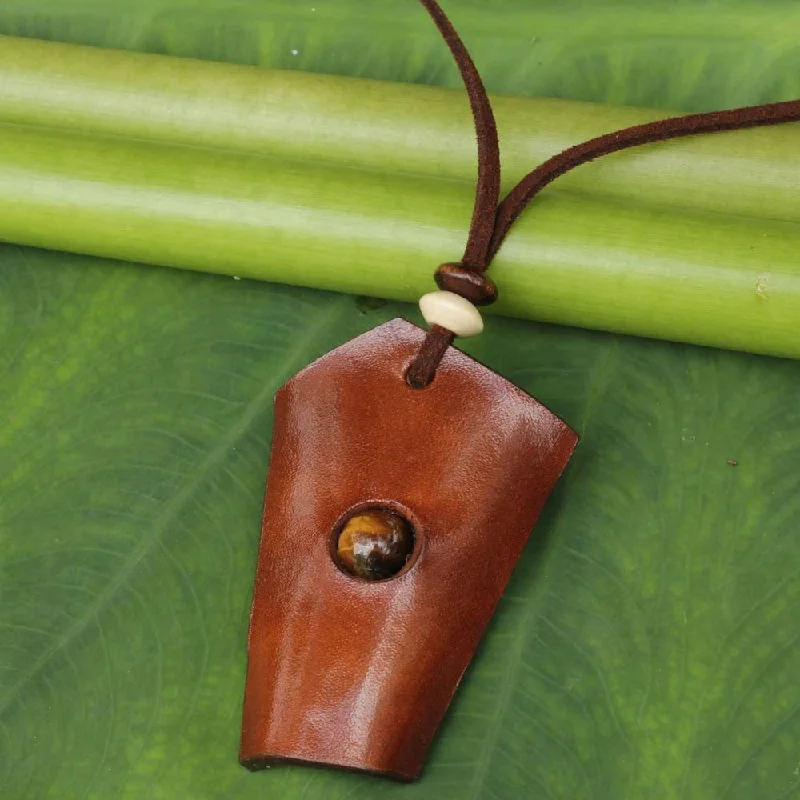 heart-shaped crystal pendant necklace-Handmade Leather 'Amulet' Tiger's Eye Necklace (Thailand)